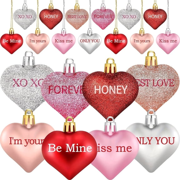 Janrevotw 32 Pcs Valentine's Day Heart Ornaments for Tree, Valentines Heart Baubles with Sweet Love Words for Romantic Valentines Day Decorations, 4 Styles