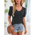 thumbnail image 4 of Womens Summer Shirt V Neck Casual Tshirts Puff Sleeve Tops for Women Solid Color XS-3XL Black XL, 4 of 9