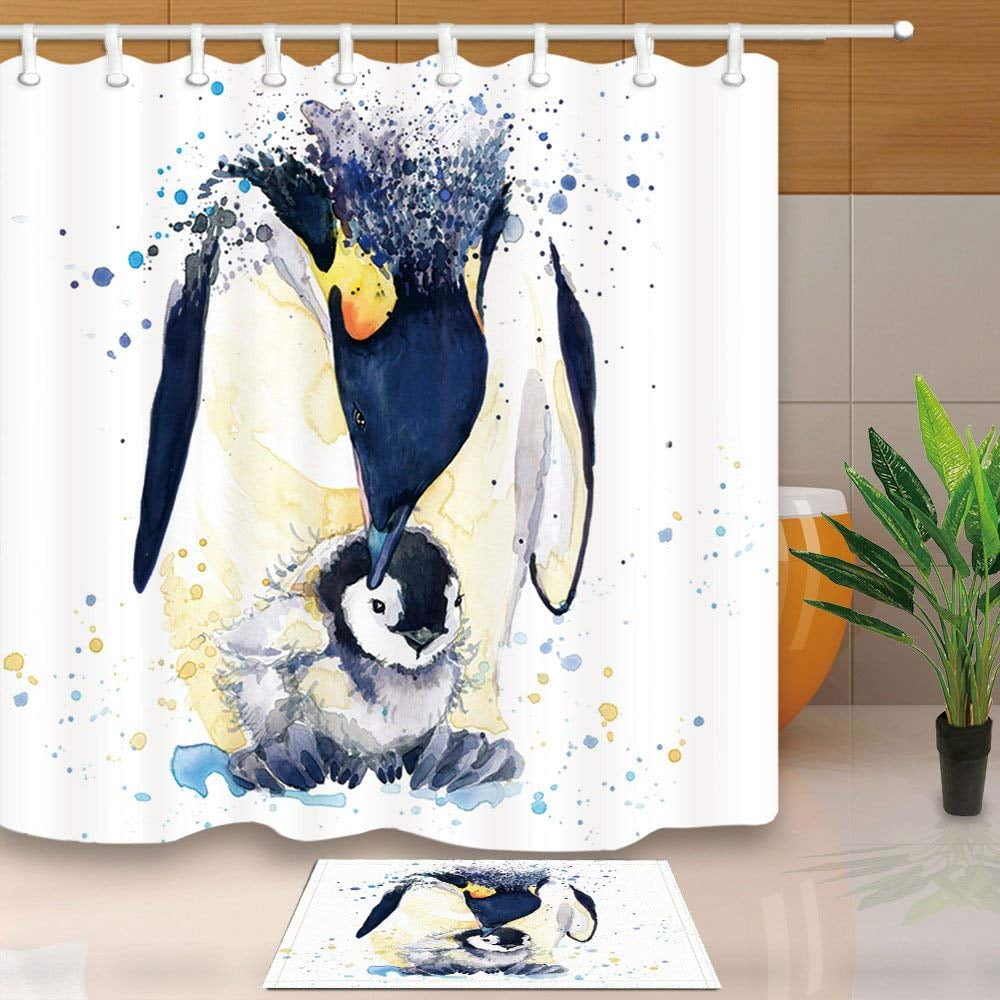 BPBOP Watercolor Textured Animals Bath Curtain Splash Emperor Penguin