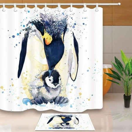 BPBOP Watercolor Textured Animals Bath Curtain Splash Emperor Penguin in Snow Shower Curtain 66x72 inches with Floor Doormat Bath Rugs 15.7x23.6 inches