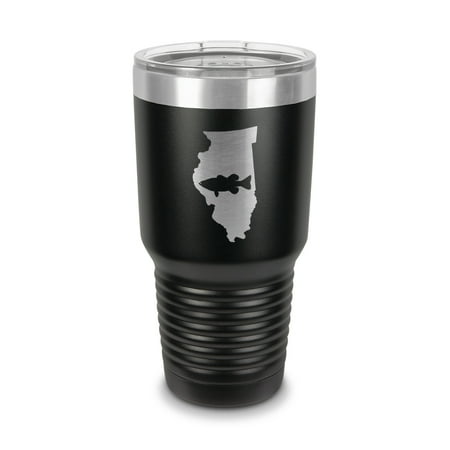 

Illinois Bass Tumbler 30 oz - Laser Engraved w/ Clear Lid - Stainless Steel - Vacuum Insulated - Double Walled - Travel Mug - state shaped largemouth fishing fish il - Black
