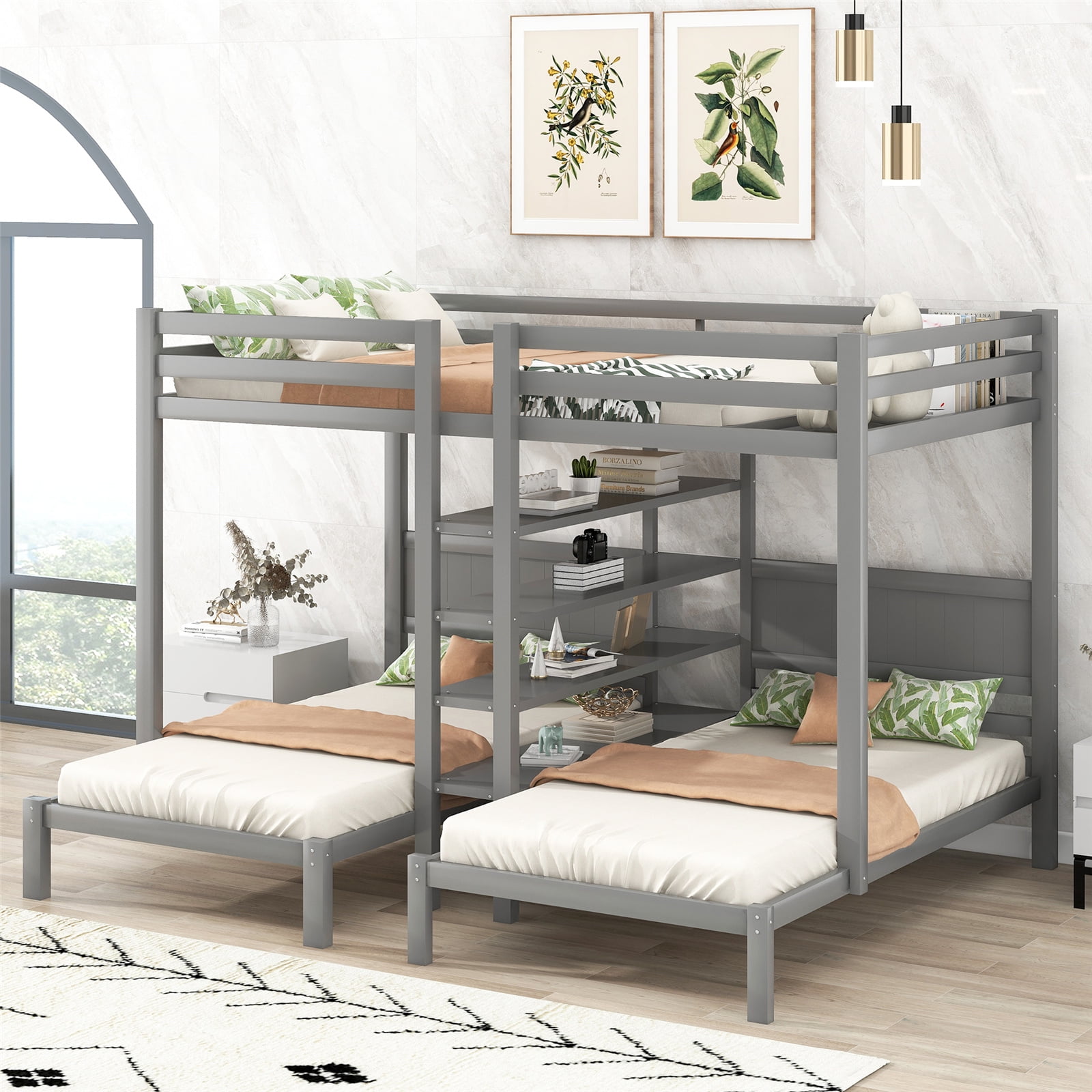 Triple Bunk Bed with Builtin 4 Shelves and Ladder, Full XL Over Twin
