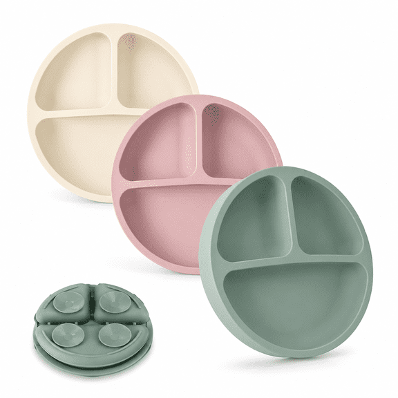 Silicone Suction Plates with Lids for Babies & Toddlers, 3 Pack Divided Baby Plates, Strong Suction Base, BPA-Free Feeding Bowls, Microwave & Dishwasher Safe