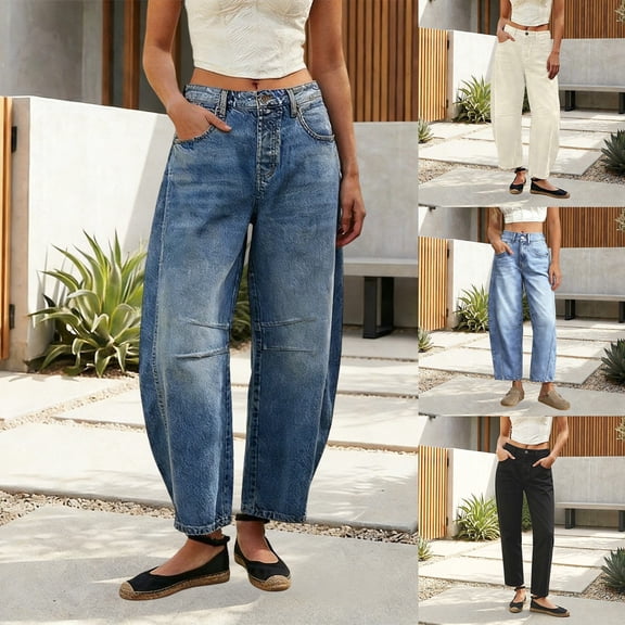 CAIXIA Womens Barrel Jeans Elastic High Waisted Stretchy Baggy Wide Leg Jeans Trendy Patchwork Loose Ankle Denim Pants