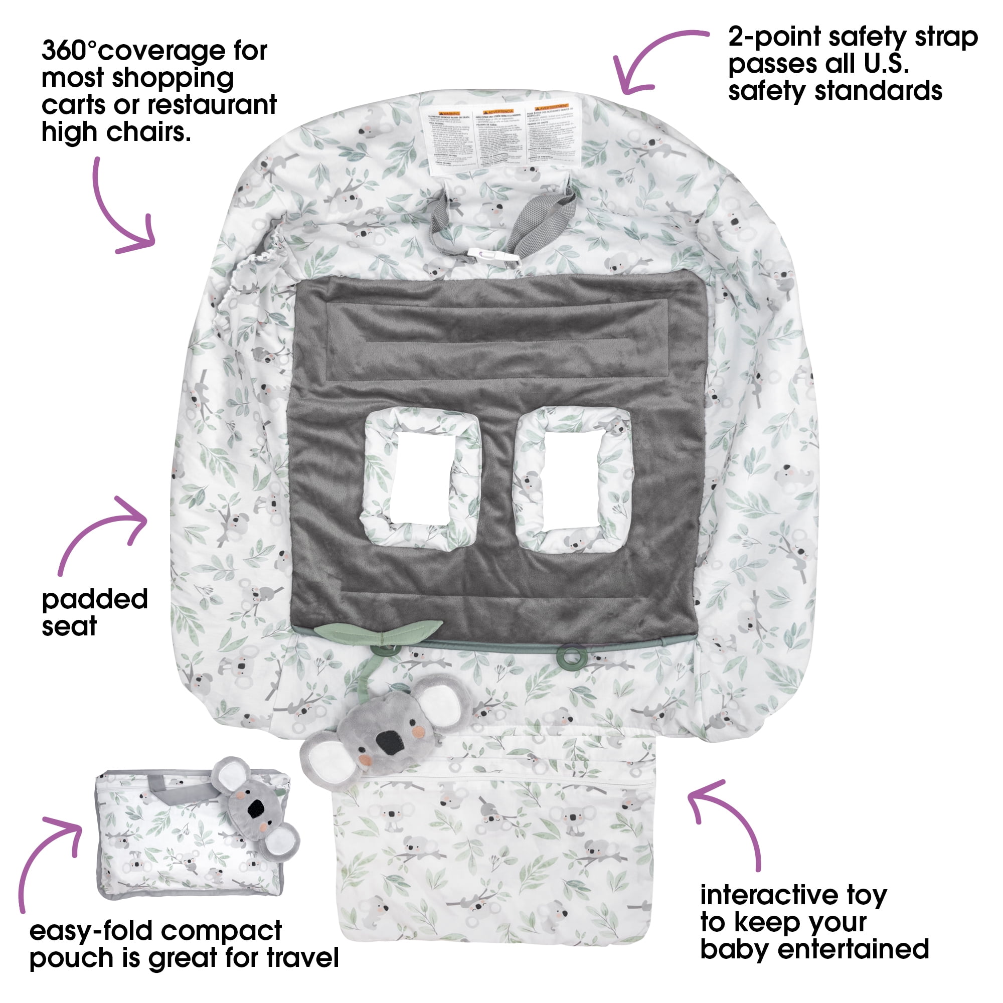 Boppy Preferred Cart Cover, Gray Green Koalas, SlideLine Toy, Machine Washable, 6-48 Months