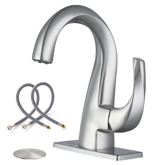 Wowow Brushed Nickel Single Hole Bathroom Basin Faucet with Drain Assembly and