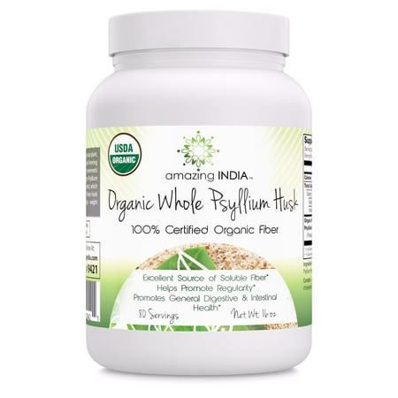 Amazing India USDA Certified Organic Whole Husk Psyllium - 16 Oz Powder (Non-GMO) - Excellent Source of Soluble Fiber - Helps Promote Regularity - Promotes General Digestive & Intestinal Health 1