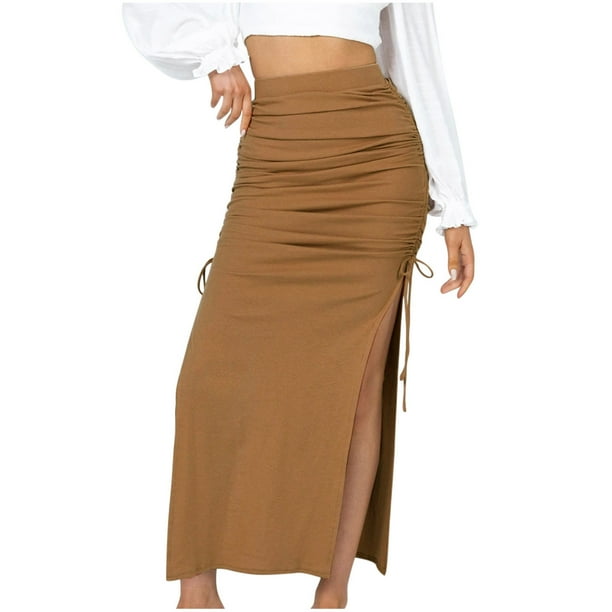 Fesfesfes Skirts for Women Sexy Solid Split Fork Slim Drawstring