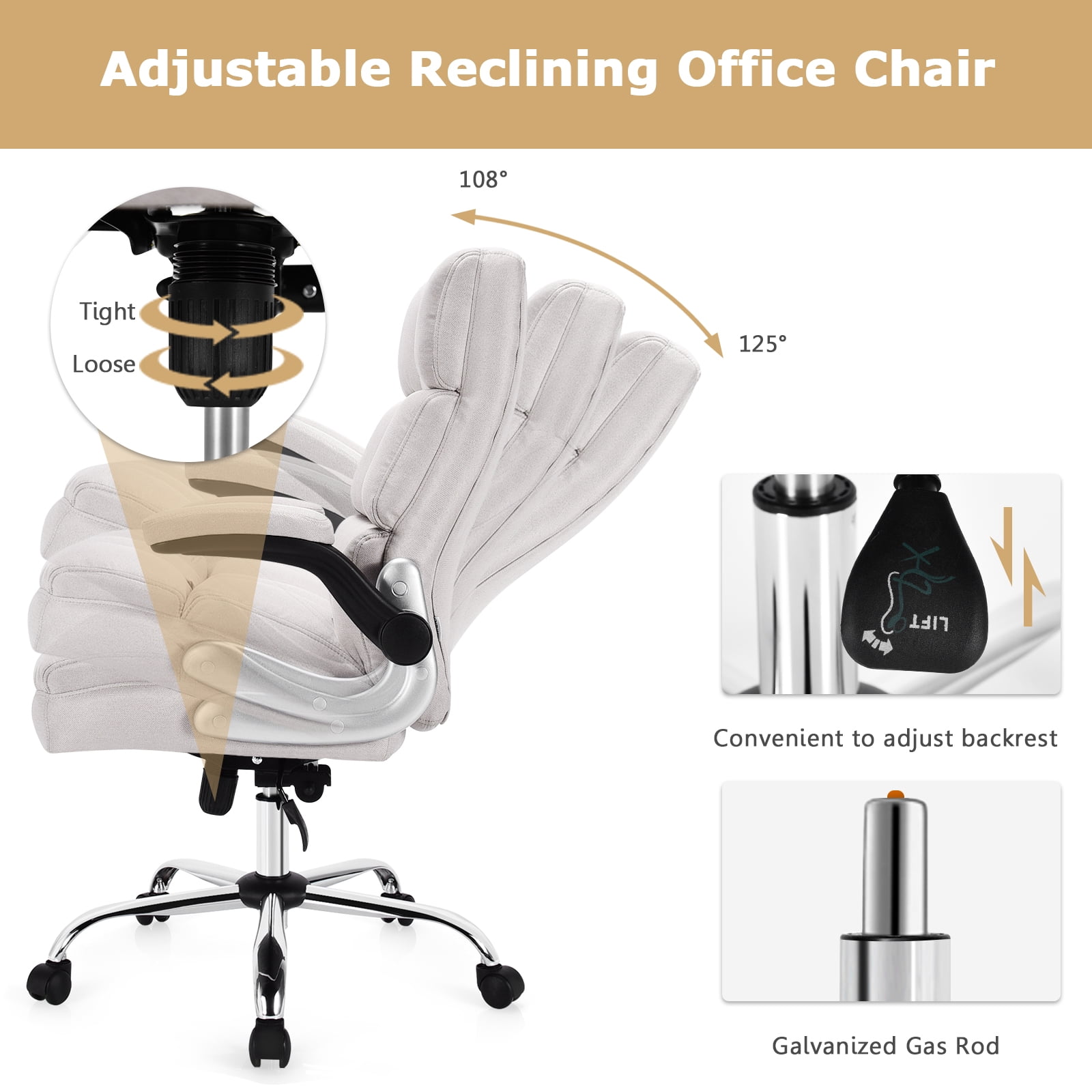 Globalway Giantex Linen Indoor High Back Computer Desk Chair with Thick Padding, Beige