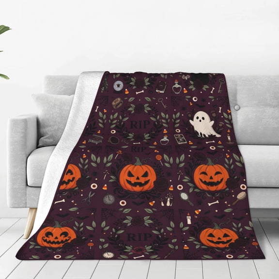 Black Cat Blanket, Halloween RIP Nine Panel Gothic Rose Ghost Jack O Lantern Print, Warm Flannel Couch Throw, Gift for Gothic Fans 50x40