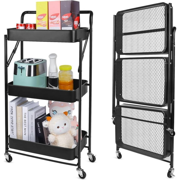 3 Tier Foldable Metal Utility Cart Organizer with Wheels, Folding Rolling Cart Collapsible Rolling Storage Cart for Laundry Room, Office, Kitchen (Black)