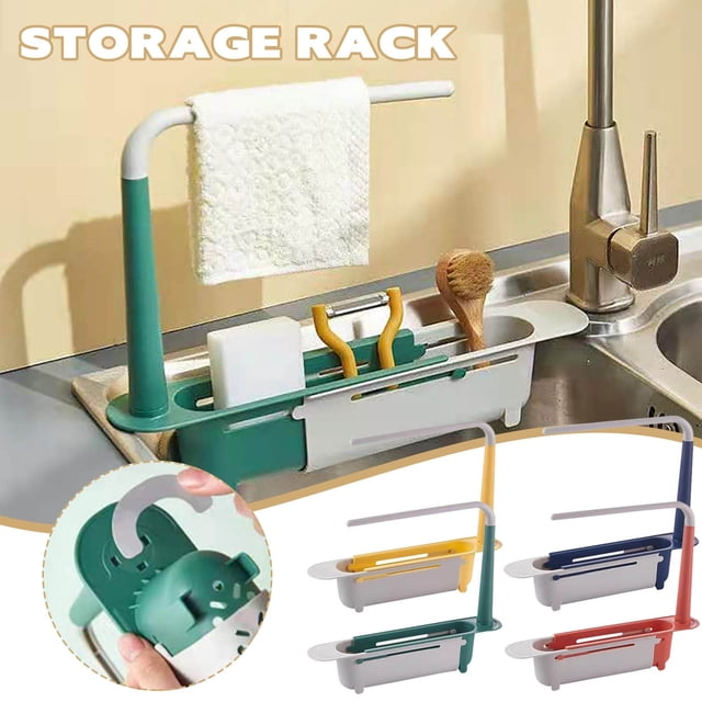 Estantería telescópica para fregadero - Estante de cocina desplegable con bandeja de desagüe y soporte para toallas, 32x6x27cm, organizador multifuncional