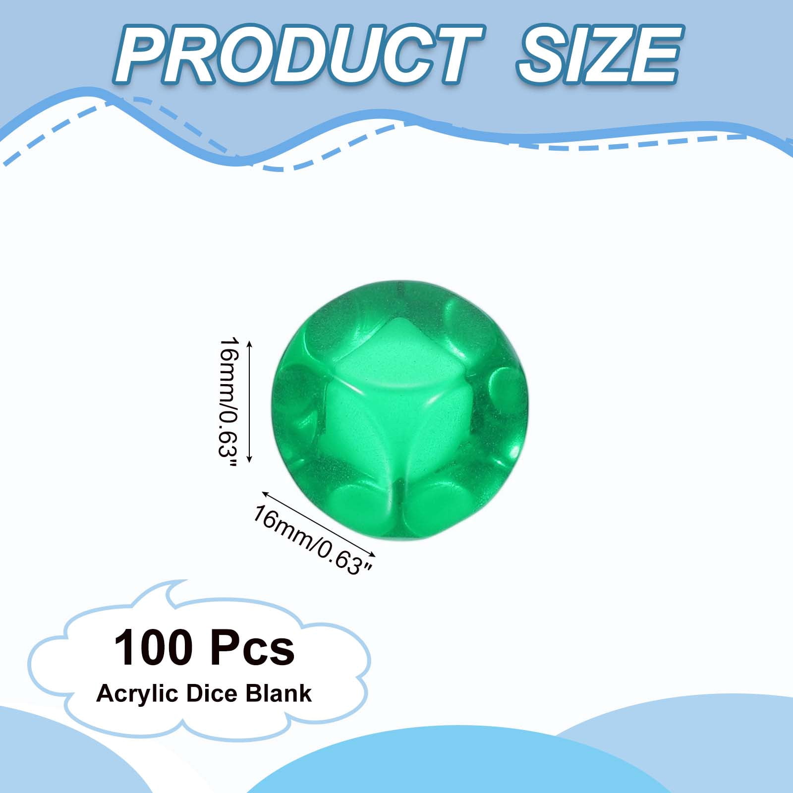 16 mm Clear Acrylic Dice Blank, 100 Pcs Rounded Corner Blank Dice with Smoothed Surface Six Sided for Board, Green