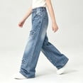 thumbnail image 4 of yillto Little Girls Fashion Jeans Stretch Waist Wide Leg Pants with Pockets Casual Loose Straight Denim Pants, 4 of 6