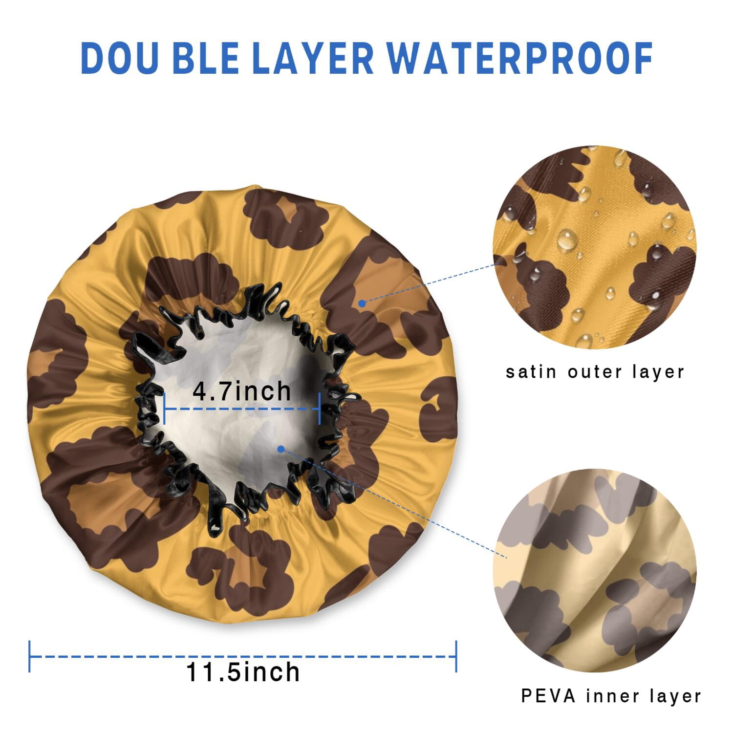 Shower Caps,Yellow and Black Of Leopard Print Waterproof Shower Cap for Women 4 Pieces,Double Reusable Hair Cover for Shower PEVA Elastic Stretch Hem