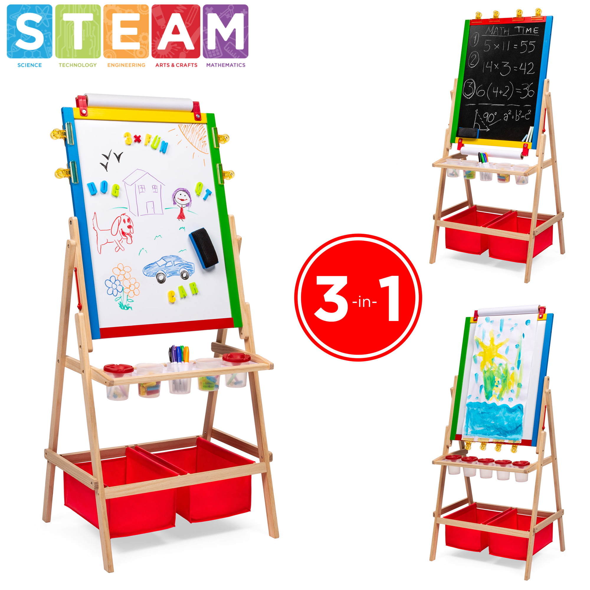 3 in 1 Kids Easel Double-Sided Whiteboard & Chalkboard Drawing Board with Drawing Axis & Paper Roll Numbers Easel for Kids Paint Cups for Toddlers and Kids Green