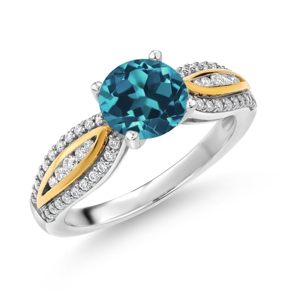 Gem Stone King 925 Silver and 10K Yellow Gold London Blue Topaz and White Lab Grown Diamond Engagement Ring for Women | 1.95 Cttw | Round 7MM | Gemstone November Birthstone | Size 9