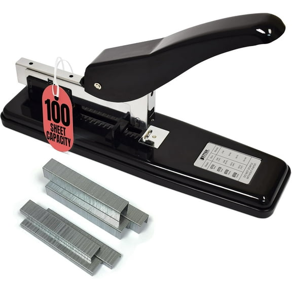 Heavy Duty Commercial Stapler with 2,000 Staples, Black Polished Steel, 100 Sheet High Capacity, Rounded Ergonomic Lever & Weighted Stability Base, Jam Free Large Stapler,