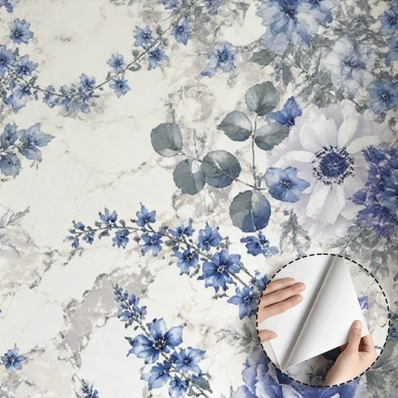 Blue Watercolor Floral Wallpaper, Vintage Floral Farmhouse Peel and Stick Wallpaper, Waterproof Home Decor, Wall Decoration for Bedroom, Bathroom, Kitchen Cabinet, Dorm Room [17.7 * 118 in]