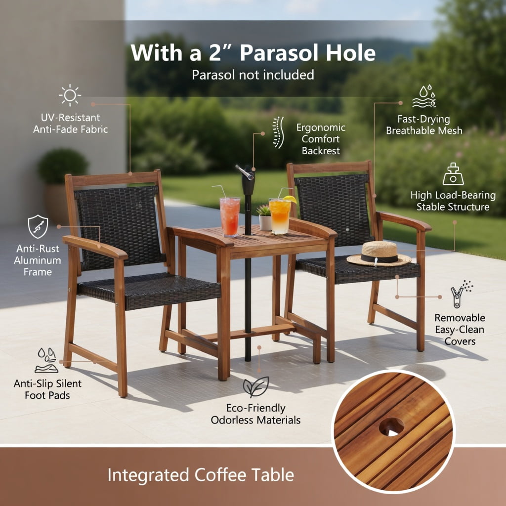 Hommoo 2-Piece Outdoor Patio Seating Set with Acacia Wood Frame & PE Rattan Chairs + Coffee Table, All-Weather Garden Sofa Set for Deck, Backyard, or Balcony, Reddish Brown
