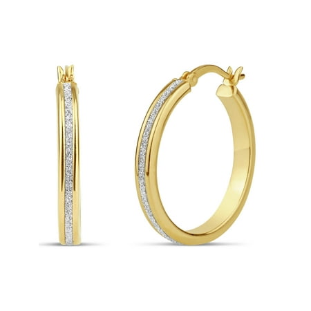 18kt Gold over Sterling Silver 25mm x 3mm Glitter Hoop Earrings