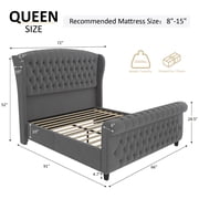 VanAcc Queen Size Platform Bed Frame, Velvet Upholstered Sleigh Bed with Scroll Wingback Headboard & Footboard/Button Tufted/Grey