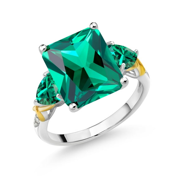 Gem Stone King 6.44 Cttw Green Nano Emerald and White Diamond 3-Stone Ring for Women | 925 Sterling Silver and 10K Yellow Gold |Gemstone May Birthstone | Emerald Cut 12X10MM | Size 8