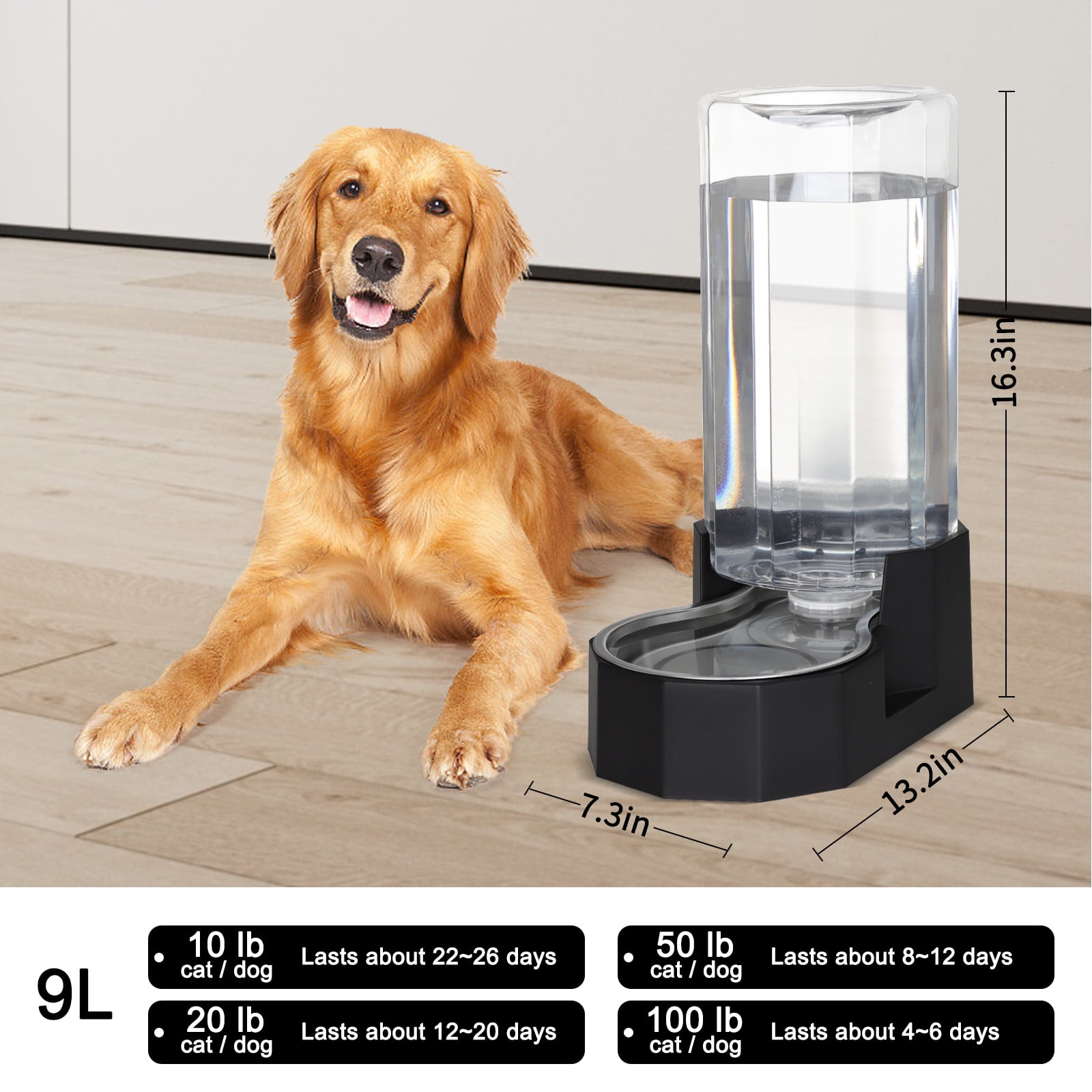 RIZZARI 9L Black Pet Water Dispenser - Automatic Stainless Steel Gravity Pet Feeder for Medium and Large-Sized Dogs and Cats