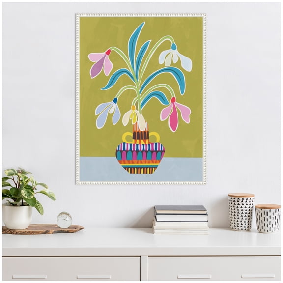 Kate and Laurel Snowdrops the January Birth Flower Framed Canvas Wall Art by Rachel Lee 23 x 30 Sylvie Beaded White, Modern, Abstract, Flowers Art for Wall Decor, Living Room, Bedroom