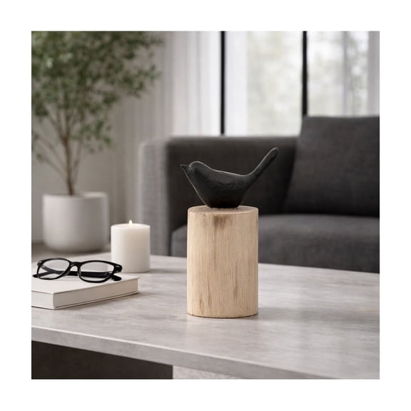 Cylinder Figurine with Bird Sculpture for Home Decor - Nature Accent Display for Bathroom, Office, Shelf, and Coffee Table - Wood and Resin Ornament for Living Room or Study Desk - 9", Black & Brown