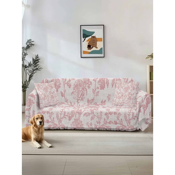 Farmhouse Pink Couch Cover for 2 Cushion Sofa, Vintage Flower Leaf Botanical Plant Washable Loveseat Sofa Covers Slipcover for Sectional Sofas L-Shaped, Couch Throw Cover 71"x118"