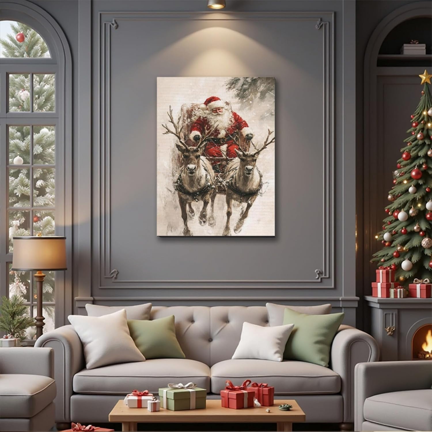 Vintage Santa in Sleigh with Reindeer Canvas Art, Framed Classic Christmas Wall Art for Holiday Decor, Cozy Winter Snow Scene Nature Wall Decor for Living Room Kitchen Office