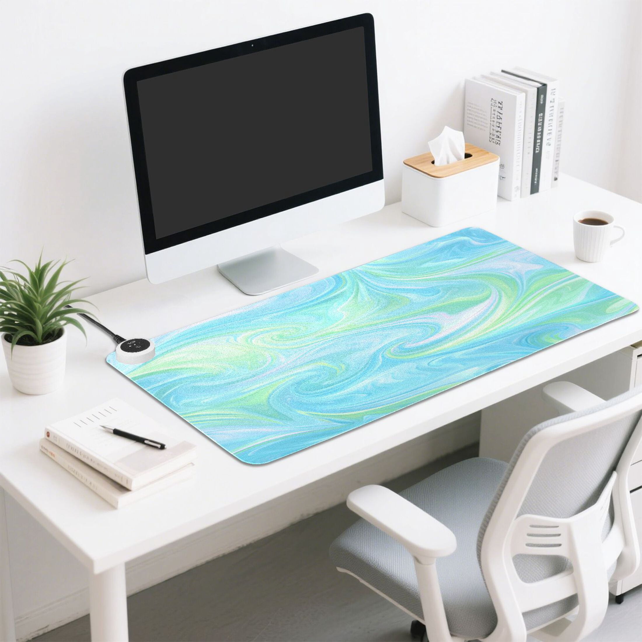 Large Heated Desk Mat Mouse Pad 31.5"x13"PU Leather Graphene Heating Desk Warmer with 3 Temperature Settings 110V US Plug Non-Slip Warm Pad for Home, Office, and Gaming Iridescent Swirl Marble Print