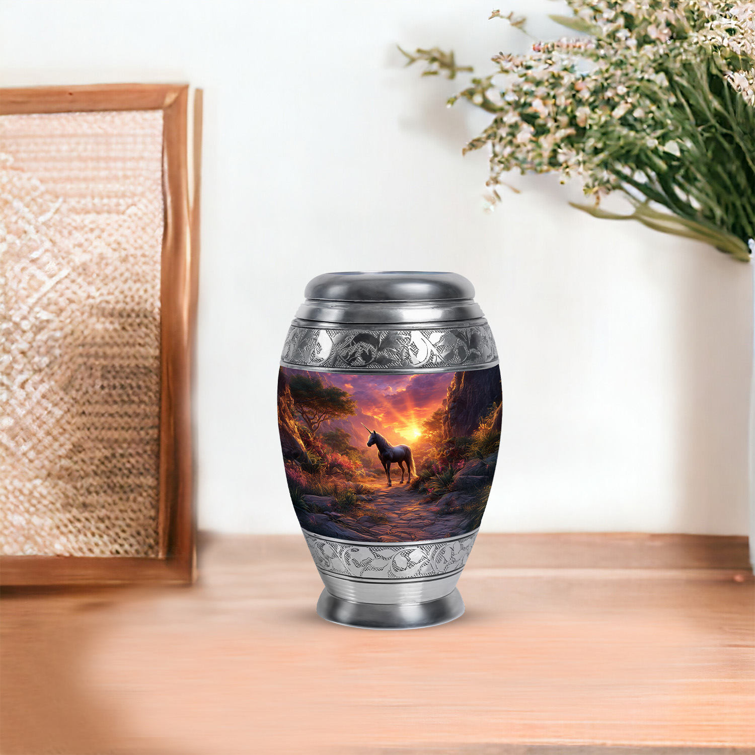 JAGASY Unicorn Mini Urn for Mother, Purple Keepsake Small Urns for Human Ashes, Sunset Forest Trees & Mountain Decorative Urns for Parents, Funeral Urn for Father, (3 Inch)