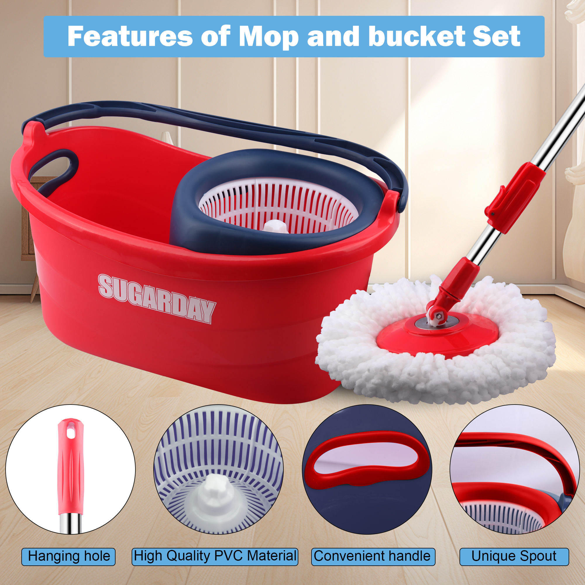 SUGARDAY Spin Mop and Bucket System with Wringer Set for Floors with 3 Microfiber Mop Heads, Red