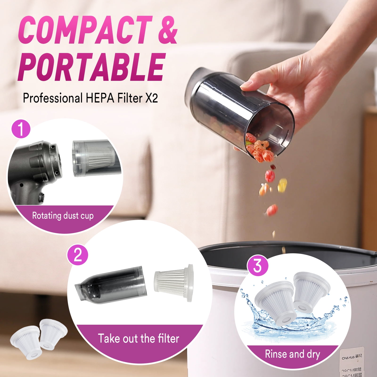 Loheer Car Vacuum Cleaner, 16000PA Portable Handheld Vacuum Cordless, with Brushless Motor, Grey Loheer Car Vacuum Cleaner, 16000PA Portable Handheld Vacuum Cordless, with Brushless Motor, Grey - Image 2