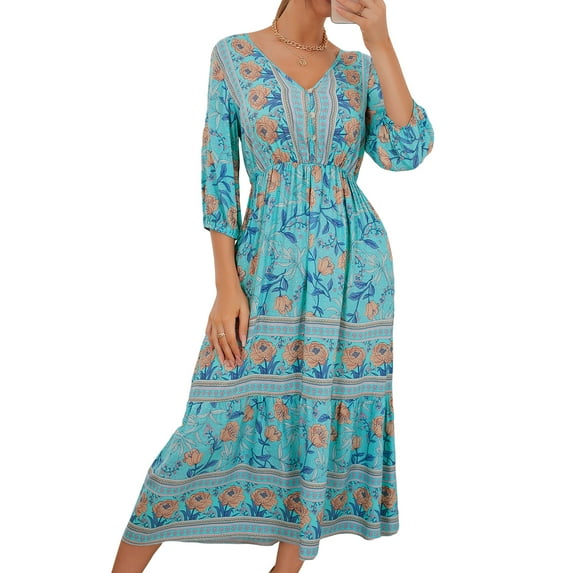 Liacowi Womens Summer Boho Floral Midi Dress Half Sleeve Flowy Swing Sundress V Neck A-LineBeach Dresses
