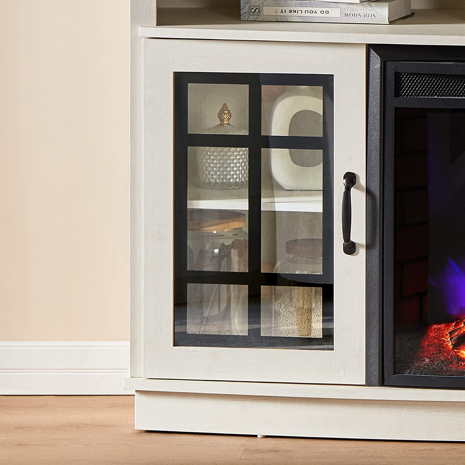 Merluxy TV Stand with 26" Fireplace, 63" Entertainment Center with Fireplace, Distressed White