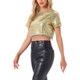 thumbnail image 4 of INSPIRAR CHIC Blusa de Mujer con Lentejuelas Brillantes de Manga Corta Cortada Cuello Redondo con Flecos para Fiesta de Cóctel Brillante Talla XL Dorado, 4 of 5