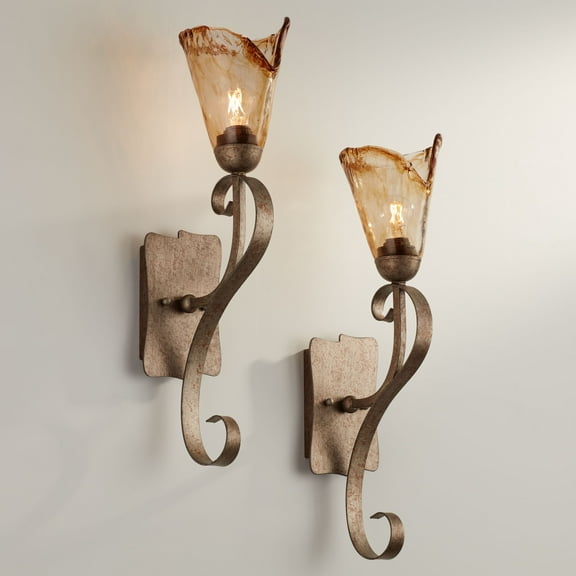 Franklin Iron Works Amber Scroll Rustic Wall Light Sconces Set of 2 Golden Bronze Hardwire 23 1/2" Fixture Art Glass for Bedroom Bathroom Vanity Home