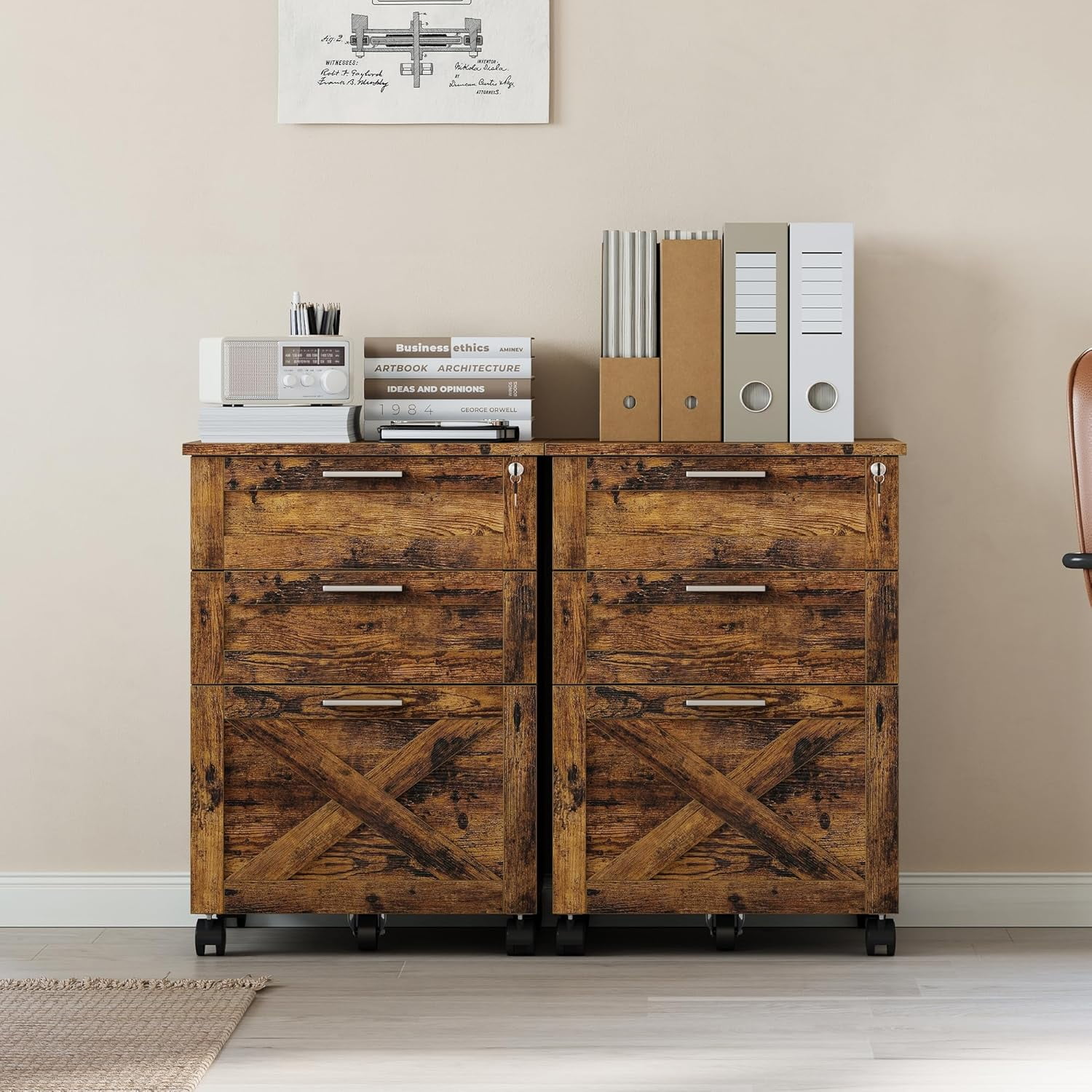 3-Drawer File Cabinet with Lock, Mobile Under Desk Filing Cabinet for Home Office, Wood Storage Organizer for Letter/a4/Legal Size Documents