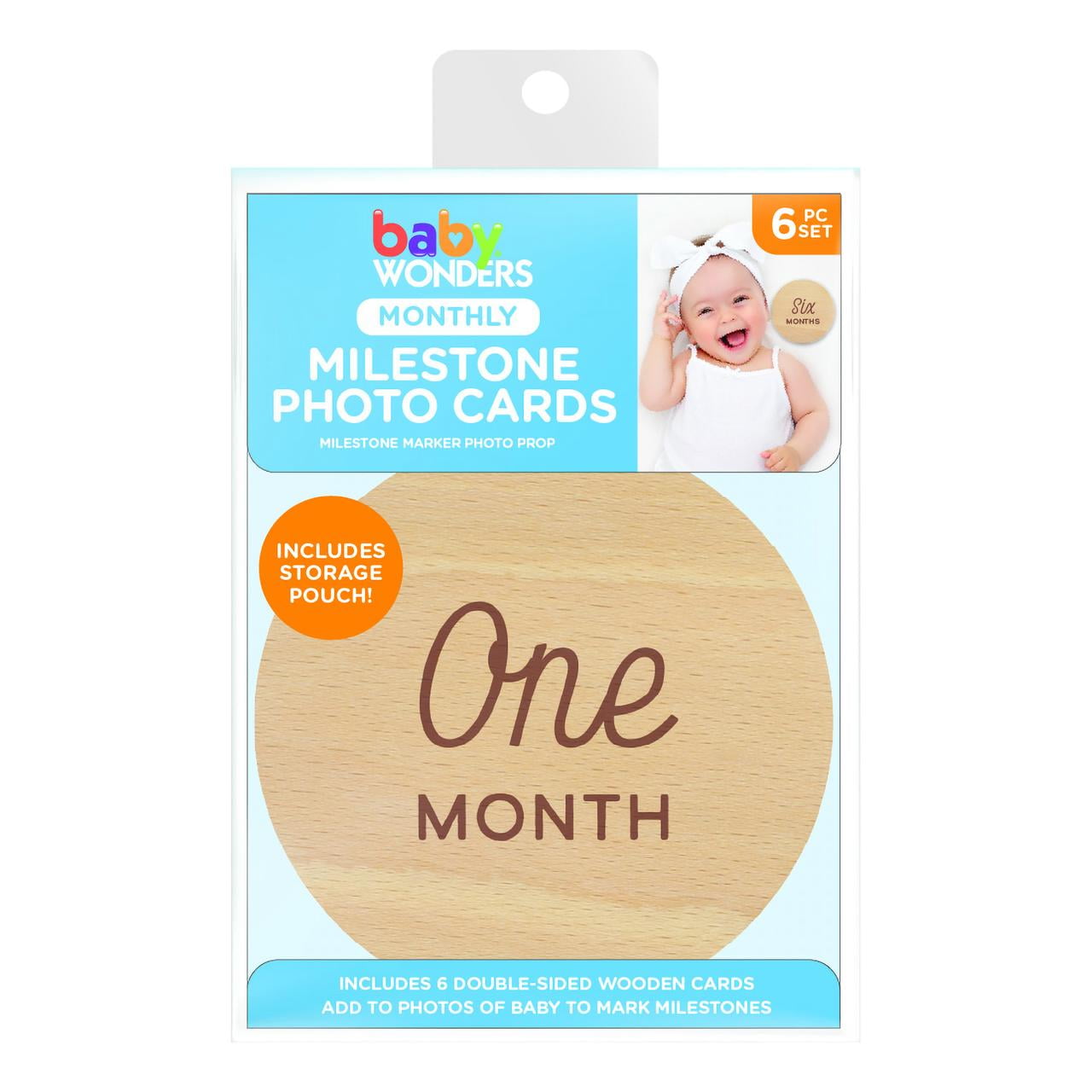 Baby Wonders Monthly Milestone Wooden Photo Cards, 6 Double Sided Cards with Storage Pouch