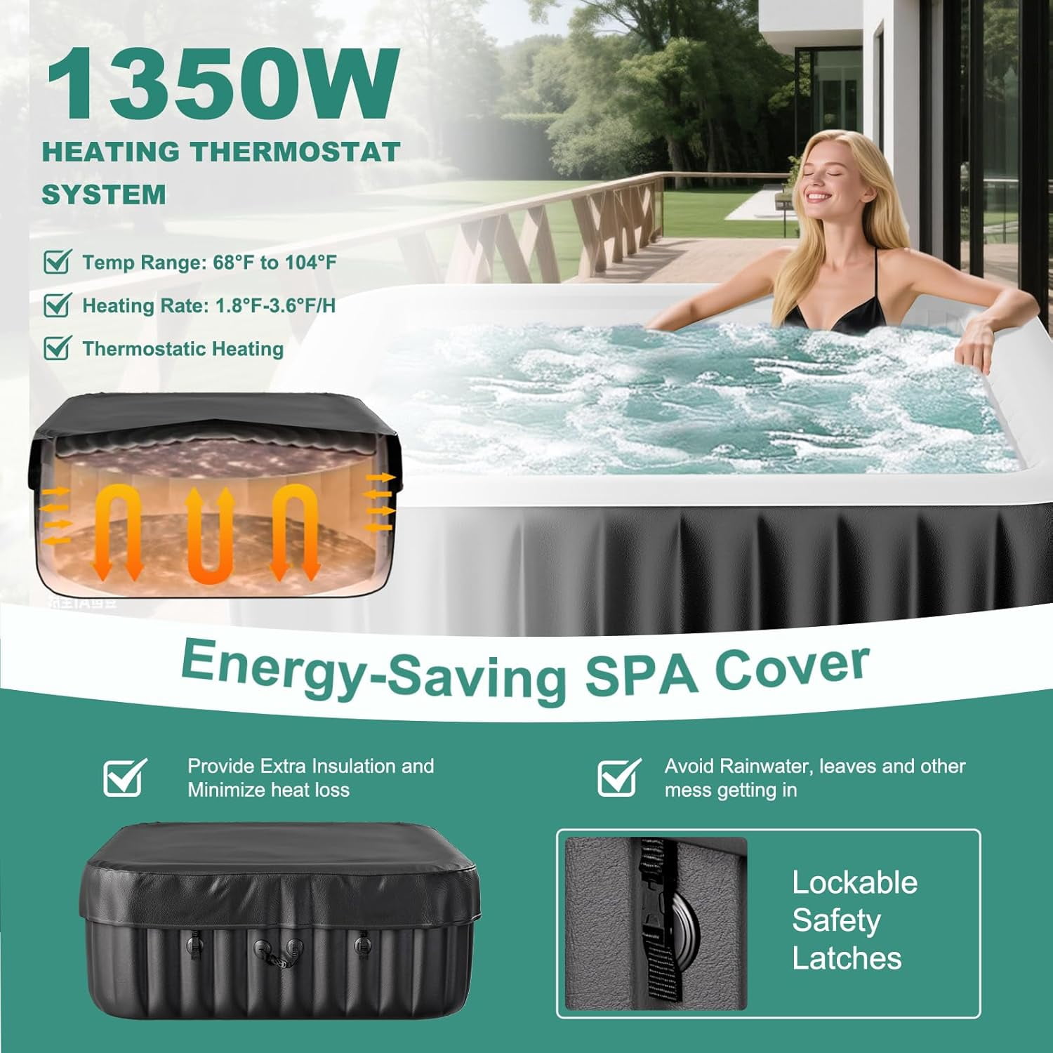 MOPHOTO 4-6 Person Inflatable Hot Tub, Large Square Portable Blow up Hot Tub, Leak-Proof PVC Outdoor Spa with 130 Air Jets, Insulated Cover and Heater Pump(73"*73"*25")
