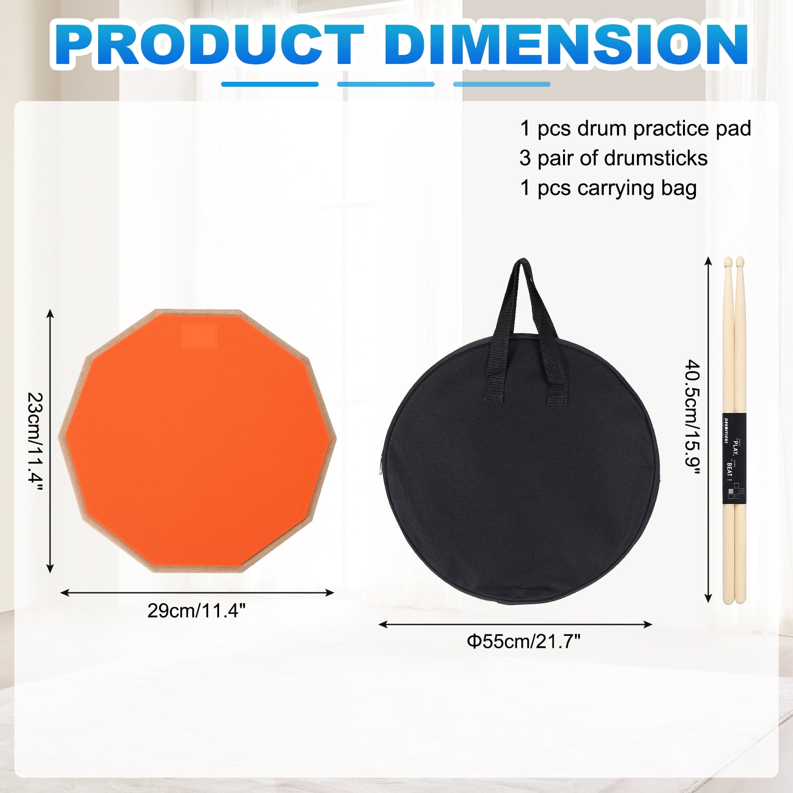 Uxcell Practice Drum Pad Set, 12 Inch Double Sided Silent Snare Drum Pad Kit Include 5A Drumsticks Carrying Bag for Drummers, Beginners Quiet Training (Orange)