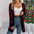 thumbnail image 2 of TFEOQRY Women's Casual Cardigan Sweater Color Blocking Checkered Long Sleeved Cardigan Jacket with Pockets Red, 2 of 8