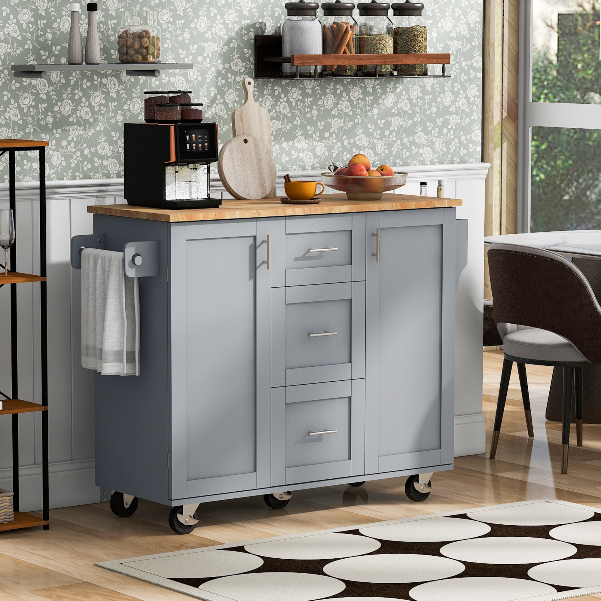 Yoneston Kitchen Island with 3 Drawers & 2 Slide-Out Shelves, Rolling Kitchen Storage Cart with Spice Rack and Towel Rack for Home, Kitchen, Dining Room, Gray