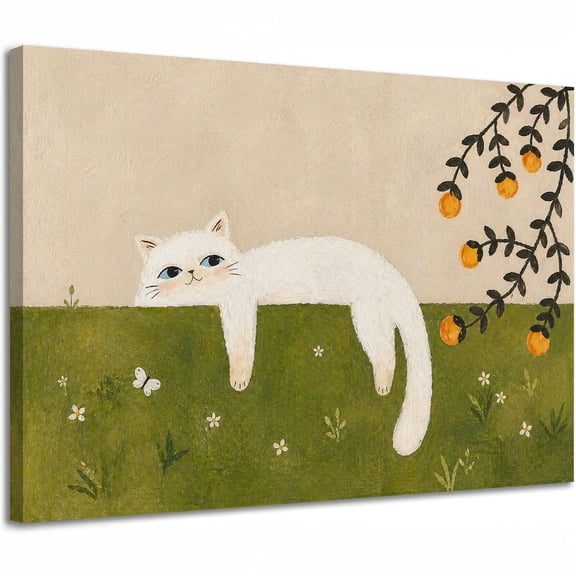White Cat Lying on Grass Canvas Wall Art, Playful Kitten Illustration, Cozy Animal Home Decor