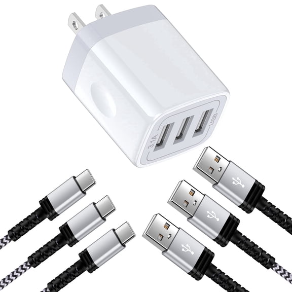 3 Port USB Wall Charger, Type C Charger with 3pcs 10FT USB C Cable Phone Cables Cables Type C Charging Cords, Android Charger USB Plug Power Station Charging Brick USB Charger Block[White]