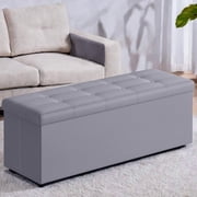 LEDREM 43 Foldable Storage Ottoman Bench, Ottoman with Storage 660lb Capacity, Synthetic Leather Ottoman Footstool, Light Gray