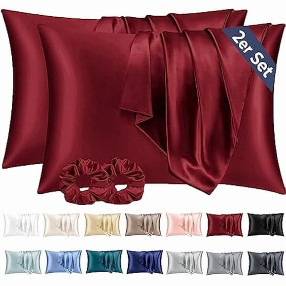 LujingZ Lot de 2 Taies d'Oreiller en Satin pour les Cheveux et la Peau, Douces comme des Taies d'Oreiller en Soie pour les Cheveux et la Peau, Entretien Plus Facile Que la Taie d'Oreiller en Soie Taies d'Oreiller Couleur Vin pour Enveloppe d'Oreiller 40x80cm et 2 Chouchous